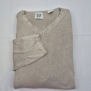 Vtg GAP V‎ Neck Sweater XL 100% Linen Beige Knit Pullover 90s Minimalist Neutral